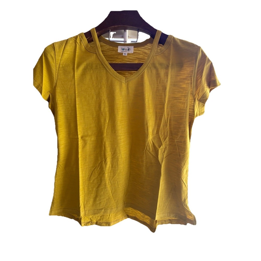 Tulip B Slub Knit Shirt Women's Large Mustard Yellow Cotton Cold Shoulder V-Neck - Picture 2 of 8